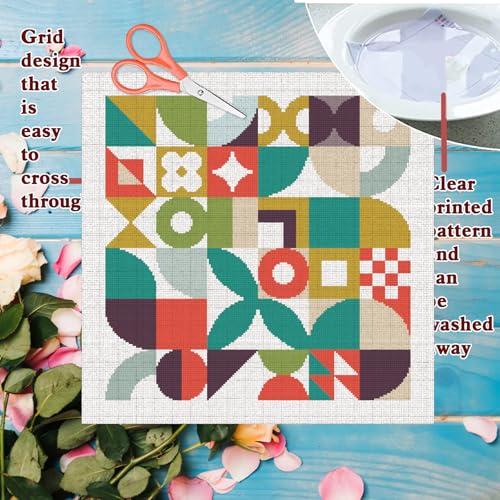 Image of FREEBLOSS 11CT Cross Stitch Kit Cross Stitch Craft Kit with Stitching Guide for Beginners Memphis Stamped Embroidery Set Crossstitch Wall Hanging Set 17.7x17.7inch