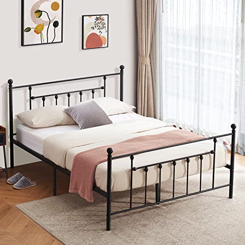 Vecelo Queen Size Metal Platform Bed Frame With Headboard And Footboard, Heavy Duty Slat Support/No Box Spring Needed Mattress Foundation/Underbed Storage Space, Victorian Style, Black #TOP15