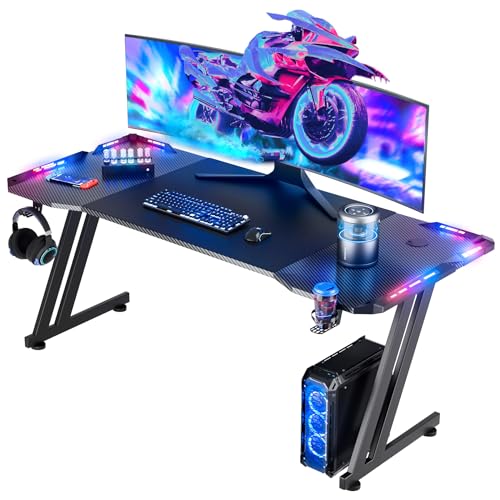 HLDIRECT 63 Inch Gaming Desk with LED Lights Carbon Fibre Surface Gaming Table Large Computer Desk Ergonomic Home Office Desks Z Shaped PC Gamer Workstations with Cup Holder & Headphone Hook Black