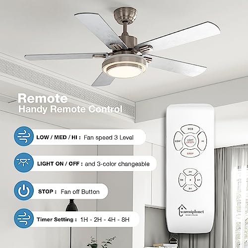 Warmiplanet 52 Inch Indoor Ceiling Fan With Remote (2 Pack), Brushed Nickel Ceiling Fan With Lights Remote Control For Bedroom,Living Room, Office, Basement, Kitchen, Dining Room(5-Blades) #TOP2