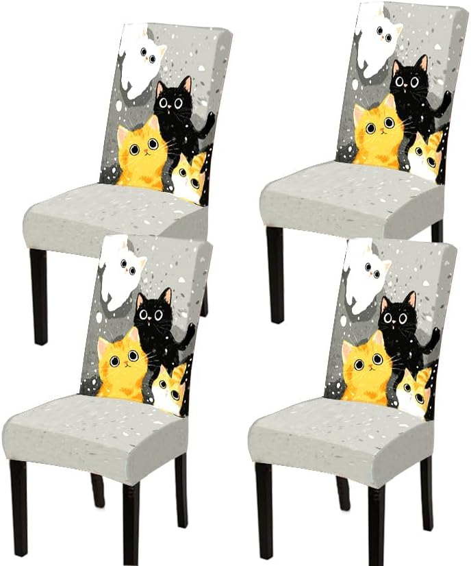 Set of 4 Christmas Cat Dining Chair Slipcovers 15.75 x 19.69 Inch Gray Background with Cute Kittens in Snow Seasonal Chair Back Protector for Kitchen Living Room Winter Party Home Decoration