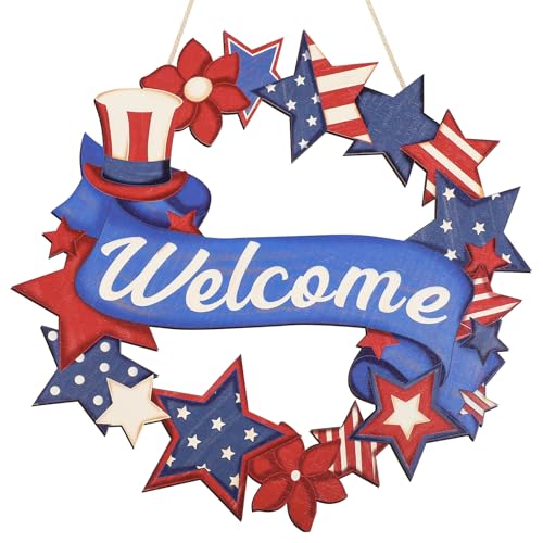 4th of July Decorations Wooden Welcome Sign, Wooden American Flag Star Wreath, Outdoor Wall Hanging for Front Porch, Veterans Day Home Decor (4th of July)