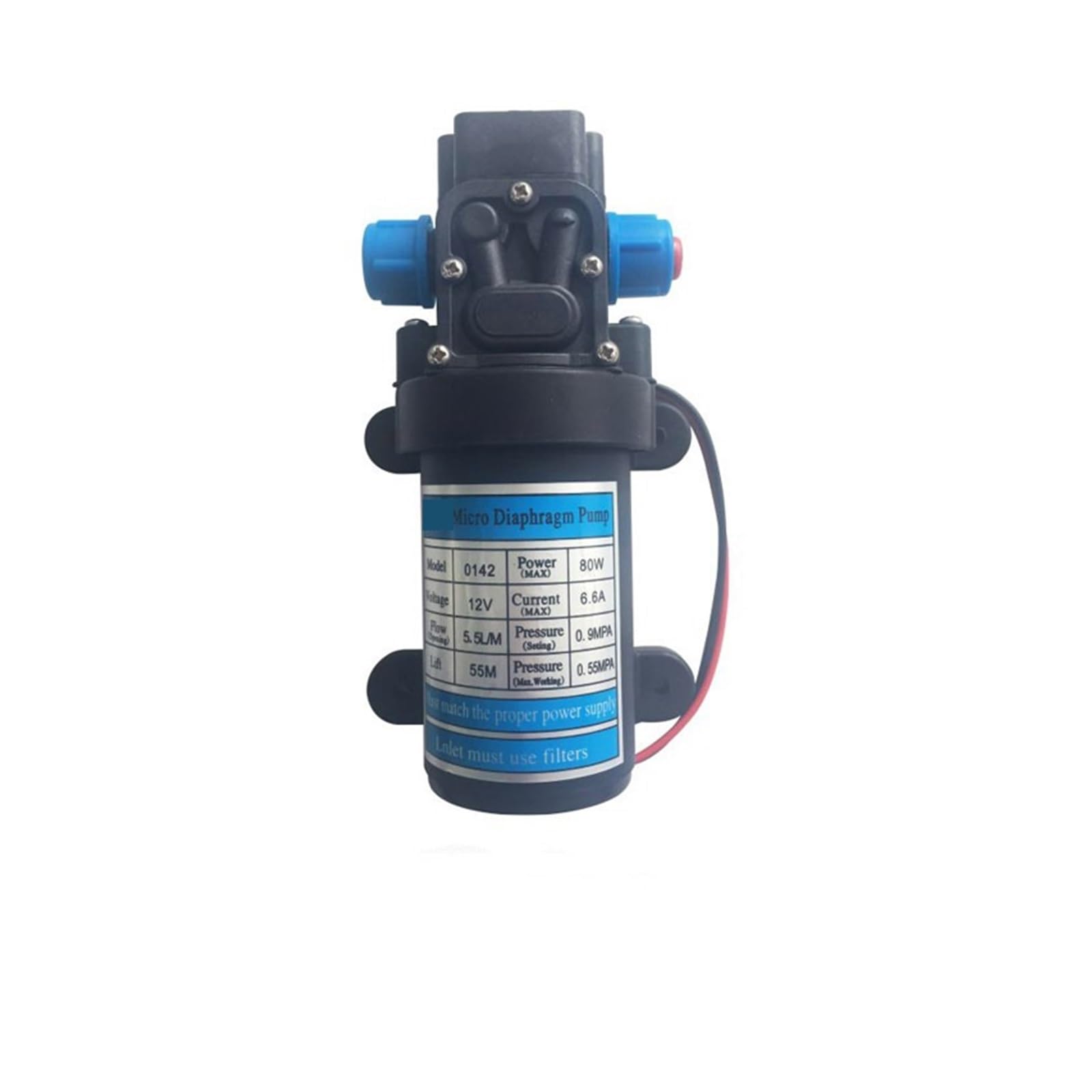 Pompa Acqua a Membrana ad Alta Pressione DC 12V 24V 80W 5.5L/min Pompa autoadescante for casa, Veicoli, Agricoltura, Barca, Giardino,Alta Affidabilità(0142H2B-12-80F)
