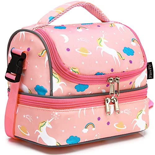FlowFly Kids Double Decker Cooler Insulated Lunch Bag Large Tote for Boys, Girls, Men, Women, With Adjustable Strap, Unicorn