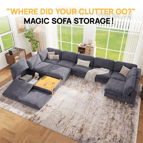 Image of 157 inch Modular Sectional Sleeper Sofa, 10 Seaters Chenille Modular Sectional Sofas, Sleeper Sofa Bed with Storage & Ottoman, Sleeper Couch with Removable Covers, Grey Sectional Couches for Living Room