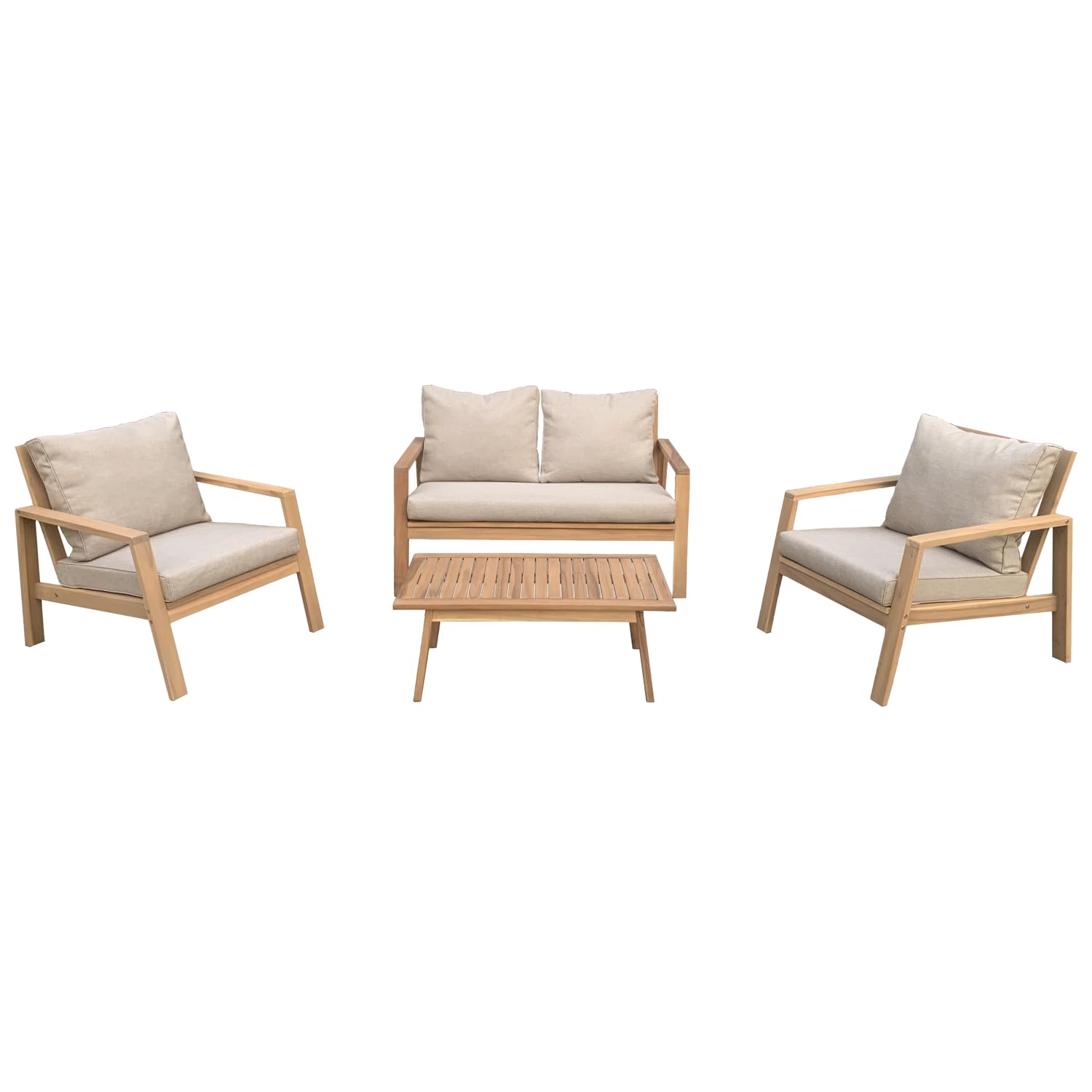 Happy Garden Salon de Jardin Gili en Acacia avec Coussins Sable. Ensemble canapé, fauteuils et Table Basse d'extérieur pour 4 Personnes