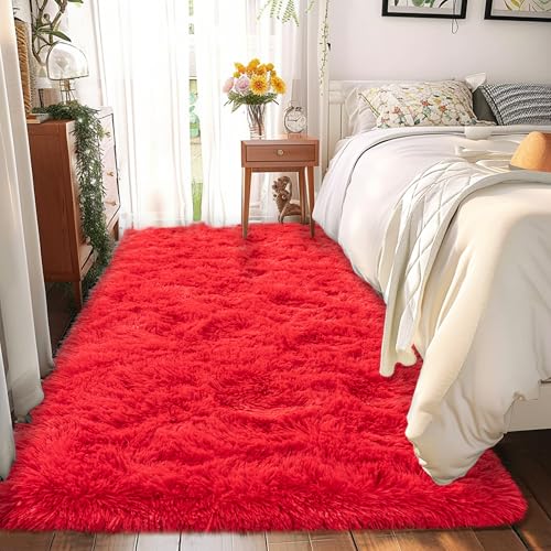 2x6 Fluffy Area Rug - Soft Shag Runner Rug for Bedroom - Non Slip Runner Living Room Rug Plush Carpet Runner Red