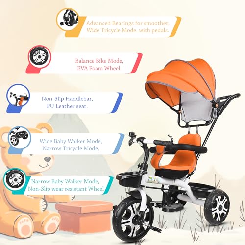 Image of BABY SMILE 4-in-1 Kids Tricycle with Adjustable Canopy, Parent Push Handle, Red and White (Orange)