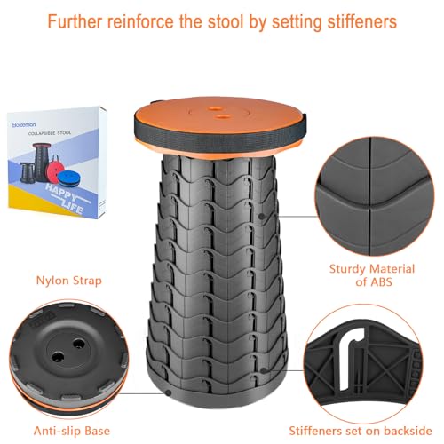 Image of Boreeman Upgraded Folding Stool Lightweight Yet More Sturdy with Load Capacity 400lbs Portable Collapsible Stool for Camping Fishing Hiking BBQ (Orange)