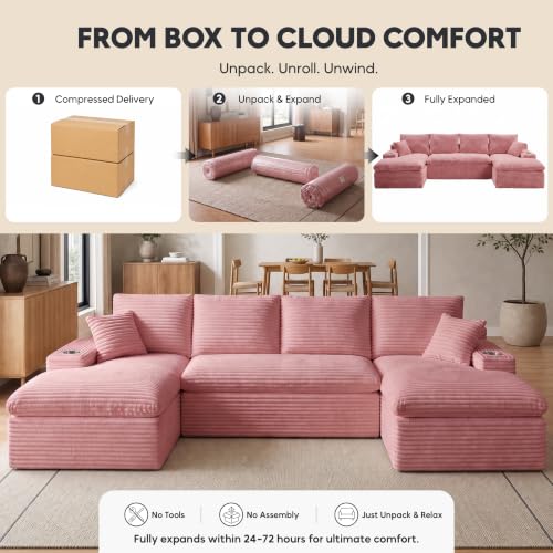 Image of 120 inch Modular Sectional Sofa, U-Shape Boneless Couch, Pink