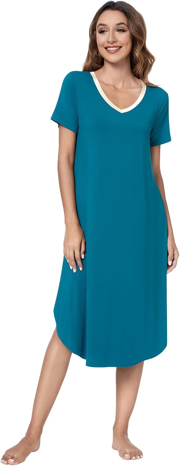 QUALFORT Womens Nightgowns Short Sleeve Nightgown V Neck Loungewear Side Slit Soft Nighdress