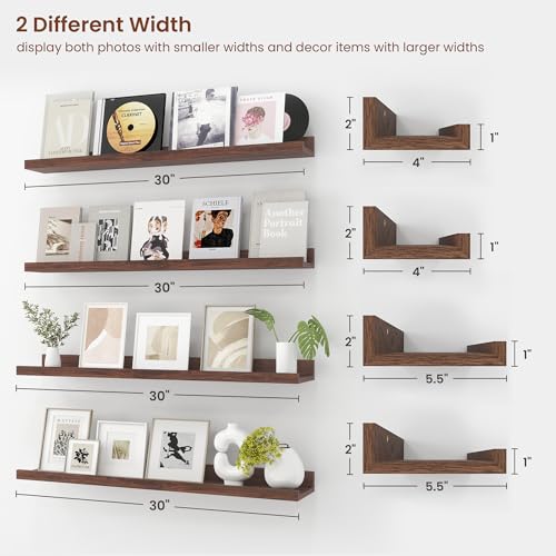 Axeman 30 Inch Floating Shelves for Wall - Picture Ledge Shelf Set of 4 - Walnut Floating Shelves with Lip - Picture Shelf for Wall with Ledge - Photo Ledge Shelves for Pictures Nursery Books