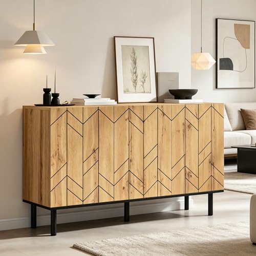 NADEUSAK Aparador moderno, 120 x 35 x 70 cm, color madera natural, 3 puertas, taquillas, aspecto ondulado, tablero de partículas, patas metálicas, soporta 50 kg, salón, comedor, pasillo