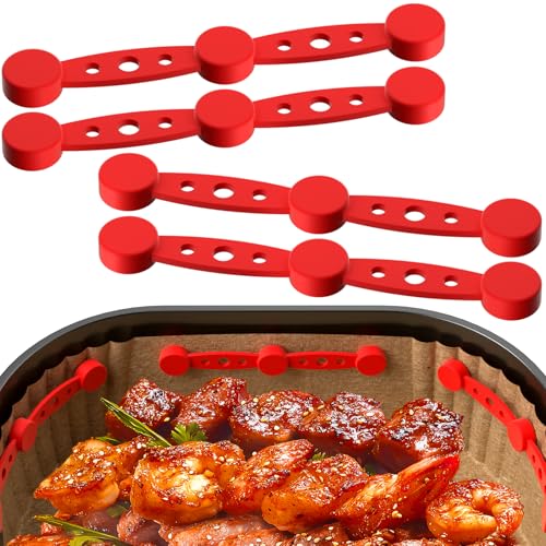 Air Fryer Silicone Magnet Clips (Upgraded Red) - Heat-Resistant Safety Buckles to Secure Parchment Liners | Prevent Paper Burning & Food Covering | Universal Fit for All Iron-Basket Models