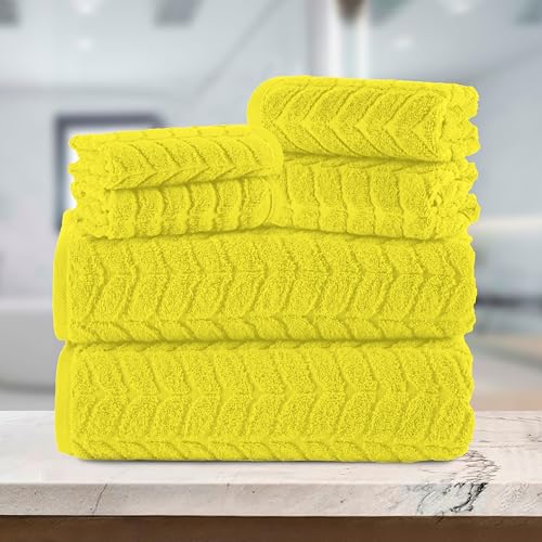 Image of Elegant Comfort Luxury 6-Piece 100% Turkish Cotton Jacquard Braided Textured Premium Hotel Quality Towel Set- Soft and Absorbent, Includes 2 Bath Towels, 2 Hand Towels and 2 Washcloths, Yellow