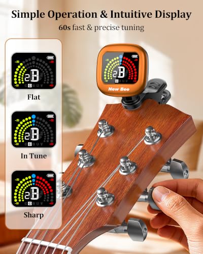 Image of New bee Guitar Tuner Rechargeable, Color Screen Clip On Tuner (Orange, 1 Pack) | 360 Rotatable, Fast & Accurate Chromatic Tuning, for Guitar, Bass, Ukulele, Violin, Cello