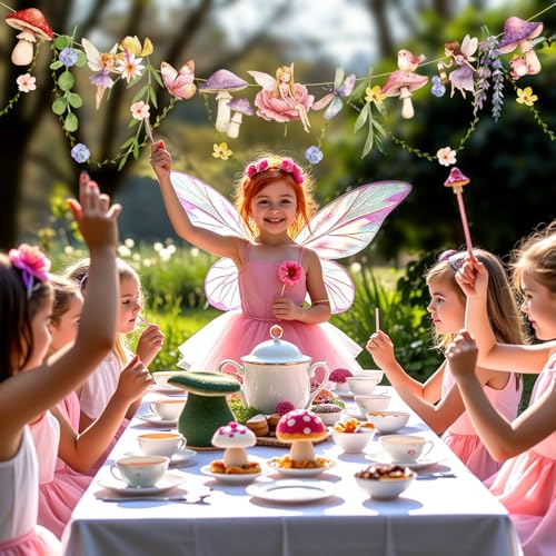 Image of Fairy Mushroom Banner Wildflower Party Decorations Paper Flower Leaves Banner Fairy Garland for Wall Decoration Spring Baby Shower Wedding Backdrop Decorations