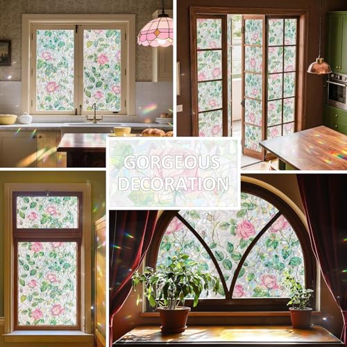 Image of XhuangTech Flower Sunroof Film Floral Rainbow Effect Static Clings Window Privacy Film Sun Protection Stained Glass Decals for Car Moonroof and Home (F837, 17.72 x 35.43 Inch)