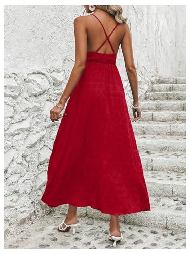Image of Milumia Women's Summer V Neck Backless Maxi Dress Boho Spaghetti Strap A Line Flowy Beach Long Sundress