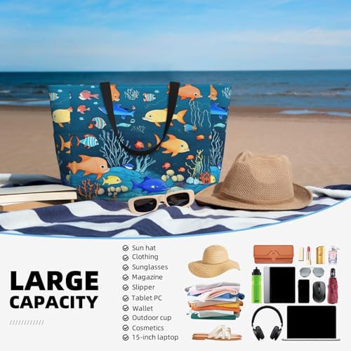 Blue underwater world of fish Large Capacity Beach Travel Bag, Foldable Beach Bag with Zipper, Great for Grocery Bag Pool Gym Travel Shopping 5