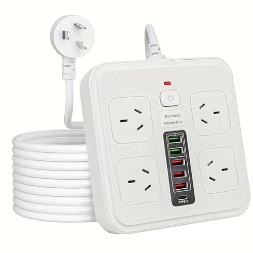 HEYMIX Powerboard USB, 10IN1 Power Strip USB C, Power Board Surge Protector with 4-Outlets, 1.8 Meter Power Extension Cord with 1-USBC & 5-USB 2500W Surge Protection, Wall Mountable, for Office