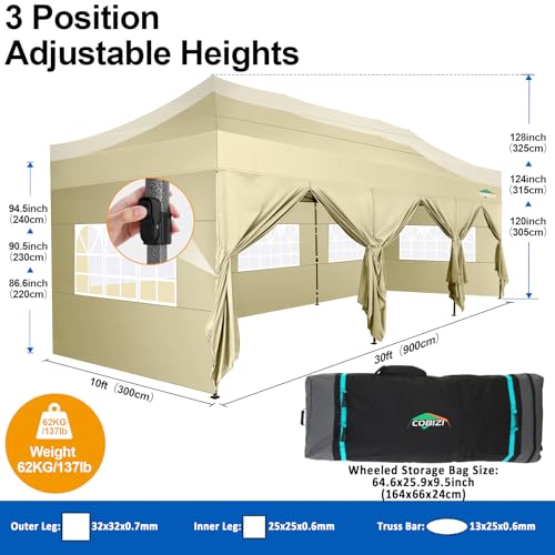 Image of COBIZI 10x30 Pop Up Canopy Tent with 8 Sidewalls,Heavy Duty Canopy,Khaki