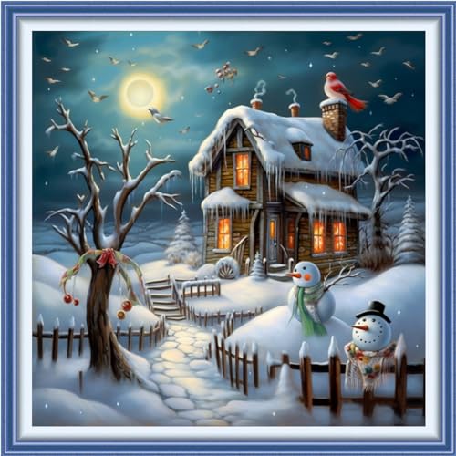 Image of Findvoor Stamped Cross Stitch Kits for Beginners Full Range of Cross Stitching Embroidery Pattern for Adults, 11CT DIY Needlepoint Embroidery Starter Kits-Snow Scenery 17.7x17.7 inch