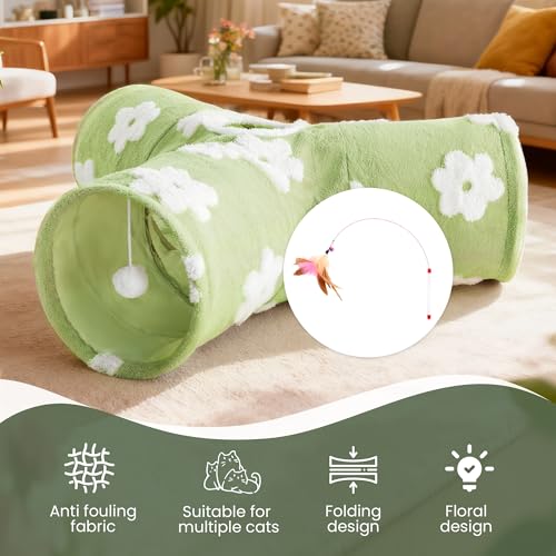Image of Tempcore Flannel Cat Tunnel for Indoor Cats, 3 Way Collapsible Pet Play Tunnel with Teaser Wand, Peek Holes & Hanging Ball, Interactive Tube for Kittens & Rabbits, Daisy Green