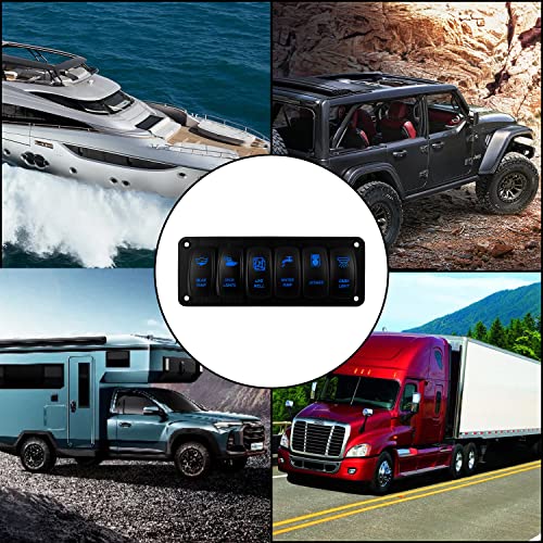 Image of 6 Gang Blue Customizable Rocker Switch Panel Pre-Built Aluminum Toggle Switch Panel with Holder Housing for Marine Boat Yacht Automotive 12V 24V IP66