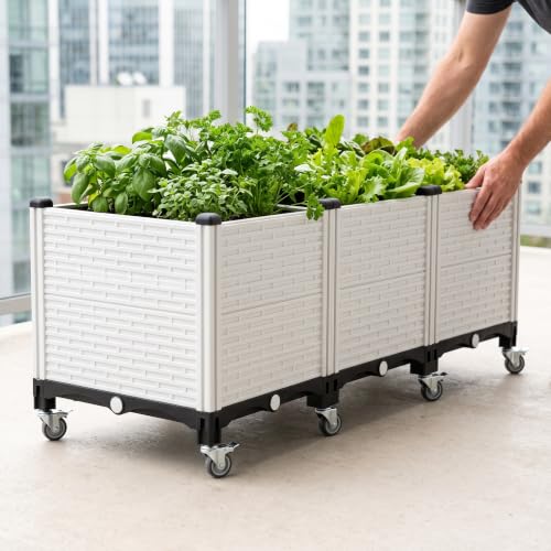 Jardinera elevada para huerto urbano en terraza, cama móvil autorriego con ruedas blanca 6