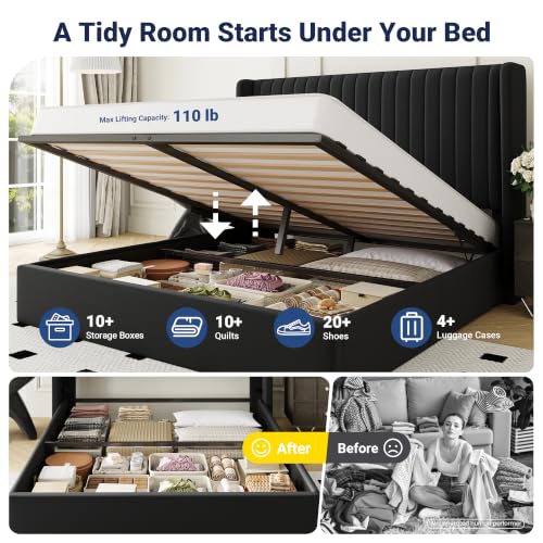 Image of Allewie Full Size Lift Up Storage Bed Frame Channel Tufted Headboard Black