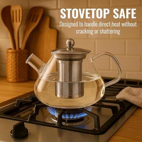 Image of Gas Stove Safe Glass Kettle - 1000ml Borosilicate Teapot with Steel Infuser, Heat-Resistant Design & Drip-Free Spout for Loose Leaf and Blooming Teas (Classic)