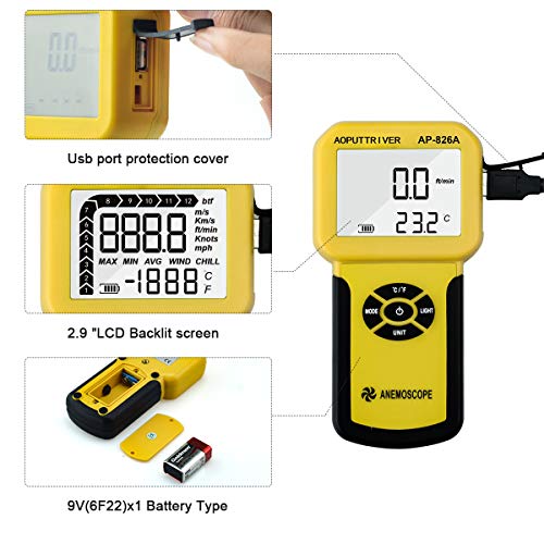 AOPUTTRIVER Digital Anemometer Handheld AP-826A Wind Meter with LCD Back Light Display for Air Velocity, Air Flow, Temperature, Max/Average/Current and Real Time Measure which with a Vane. - Thumbnail 3