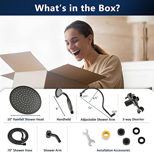 Pdpbath All Metal 10'' Rainfall Shower Head With 12'' Upgrade Adjustable Extension Arm, Shower Head With Handheld High Pressure, 70" Extra Long Shower Hose, 3-Way Diverter, Oil Rubbed Bronze #TOP6