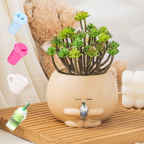 COTYNI Face Plant Pots, Succulent Pots, 4.7 Inch Head Planters for Indoor Plants, Cute Resin Flower Pots with Drainage Hole, Unique Cactus Planter, Small Planter Pots for Mini Plant (1 Pack)
