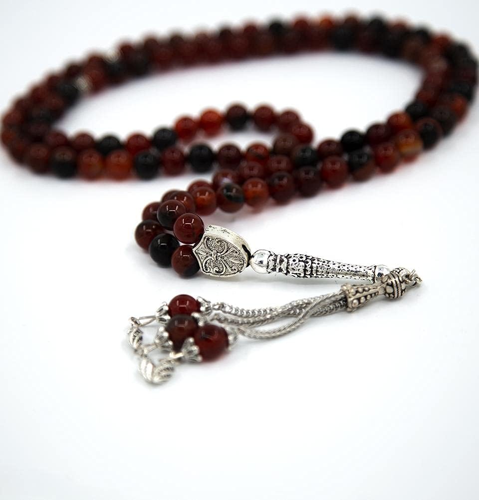 Modefa Turkish Islamic Luxury Prayer Beads | 99 Count Round Multicolored Agate Stone Tesbih (Brown/Red)