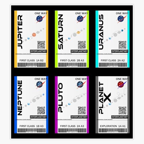 Interplanetary Space Travel Boarding Pass Tickets Solar System Planets Design Set of 6 Colorful Sci-Fi Adventure 5" Vinyl Decal Bumper Sticker