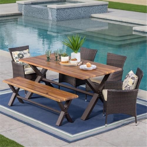 Noble House Ozark 6 Piece Outdoor Acacia Wood Dining Set in Teak - Thumbnail 6