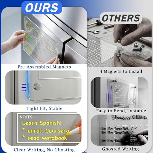 Image of PigPotParty Acrylic Magnetic Chore Chart for Adults, 12x9.5 Inch Clear Dry Erase Chore Board for Fridge, Daily Weekly and Notes Sections, Pre-Installed Embedded Magnets, 8 Fine-tip Markers and Towel