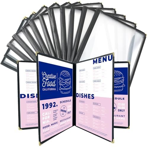 FLKQC 12 Pack Menu Covers, 4 Page 8 View Transparent Menu Holders, 8.5 x 11 Inch Menu Sleeves, Menu Books Fits A4 Size Paper, Perfect for Restaurants, Bars, Cafes, and Office Use
