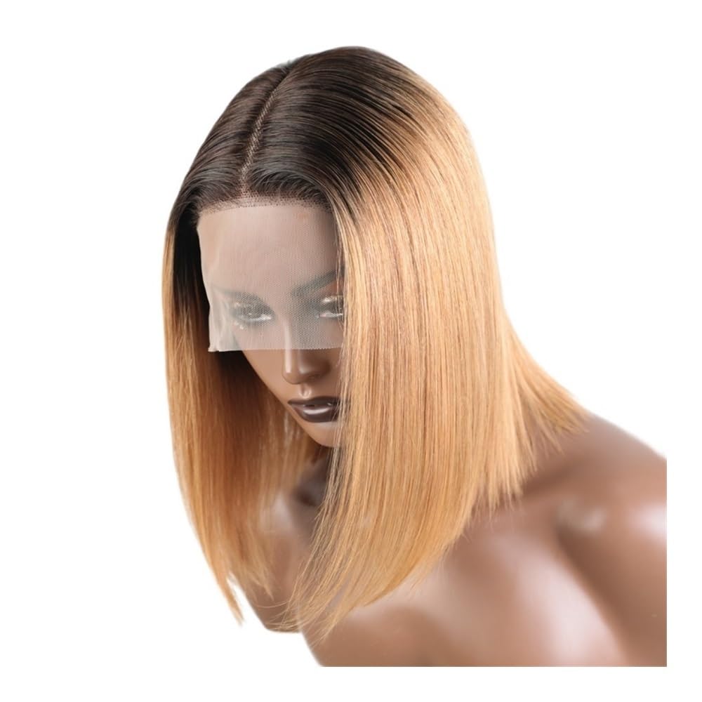Perruque courte et lisse sans colle cheveux humains remy brésiliens coupe carré ombre blonde
