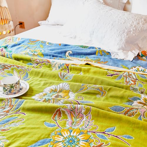 Boho Throw Blanket, 100% Organic Cotton Breathable Ultra Soft Bed Quilt Throw - All Season Luxury Floral Farmhouse Decor Blanket for Sofa Couch Chair and Gift. 91" x 98"-Green/Blue