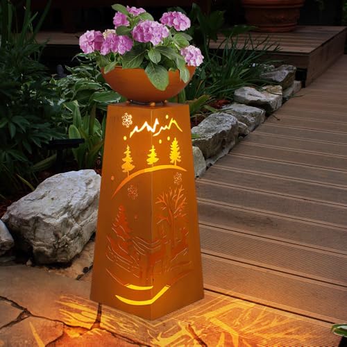 Haushalt International Dekosäule Pflanzenschale Blumenschale Gartendeko Außenlampe Pflanzsäule mit Weihnachtsmotiv, Metall Rost, Akku enthalten Timer, 1x LED warmweiß, H 59 cm