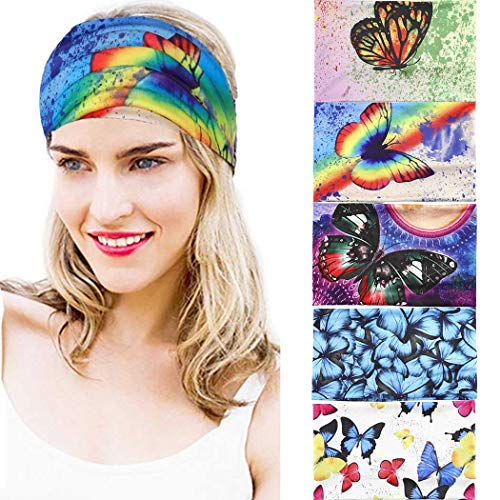 ELABEST Boho Headband Wide Headbands Yoga Hair Band 5Pack Sport Head Wrap Elastic Bandeau Butterfly Turban Beach Hair Accessories Bohemian Head Band for Women