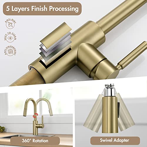 Ouen Brushed Gold Bar Faucet With Pull Down Sprayer For Single Sink,Bar Brass Faucet One Hole For Rv Campers Sink Small Faucet With Cupc Supply Hose #TOP7