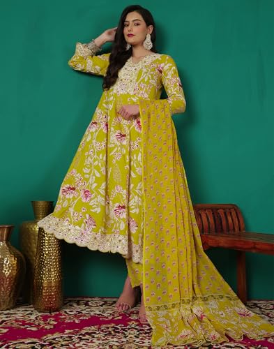 Image of SKYLEE Cotton Printed, Embroidery and Mirror Work A-Line Kurta Set with Dupatta
