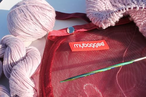 Image of Large 5 Snaps Mesh Travel Knitting Bag with Snap Opening, Lightweight Nylon Storage Pouch for Yarns, Needles and Accessories (Red)