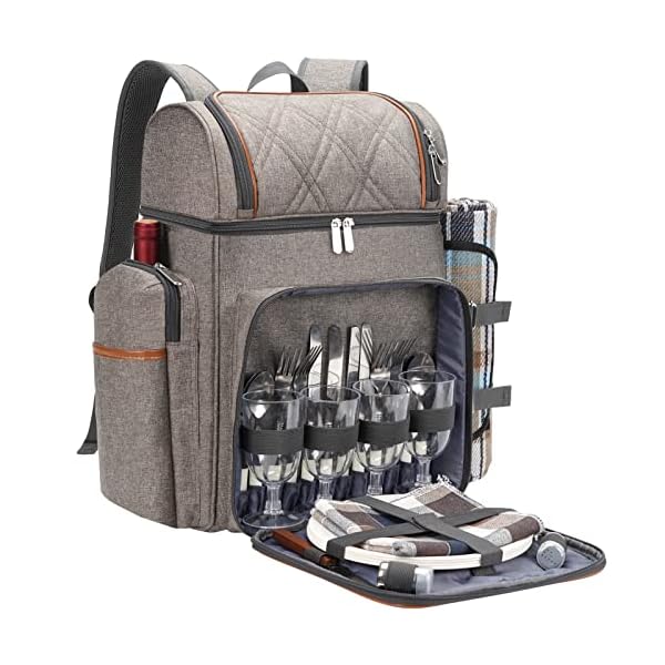 Picnic Backpack for 4, Picnic Basket Set, Leakproof Picnic Bag, Beach Cooler Backpack with Insulated Cooler Wine Pouch,Picnic Blanket, Double Deck Picnic Backpack for Beach,Camping,Park(BrushedKhaki)