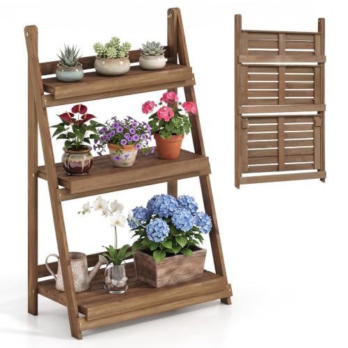 GIANTEX Foldable Wooden Plant Stand, 3-Tier Ladder Plant Shelf, Brown | Fir Wood Flower Pot Display Rack With Slatted Shelves For Indoor Outdoor Patio, Balcony Garden