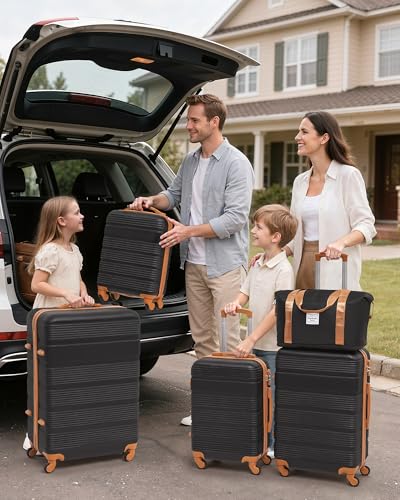 Image of LONG VACATION Luggage Sets with Spinner Wheels, Suitcase Set 6 Piece | ABS+PC Hardshell, Lightweight, Durable, TSA Lock, YKK Zipper, Unisex for Family Travel Business, Black (16 /20 /24 /28 /DB /TB)